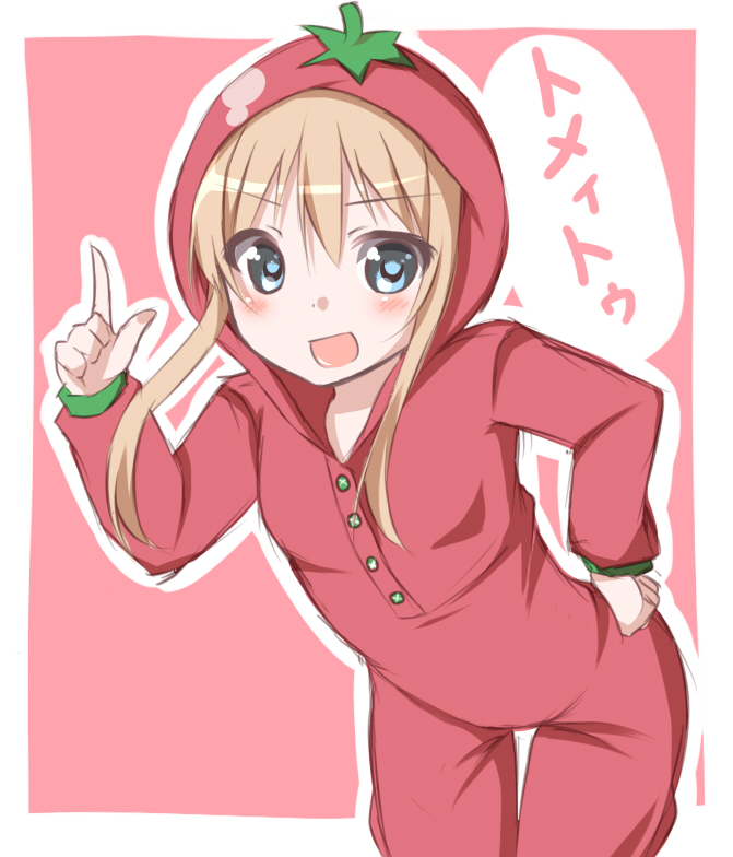 :d, blonde_hair, blue_eyes, buttons, hand_on_hip, index_finger_raised, kou89, leaning_forward, looking_at_viewer, open_mouth, red_background, smile, tomato_costume, toshinou_kyouko, yuru_yuri