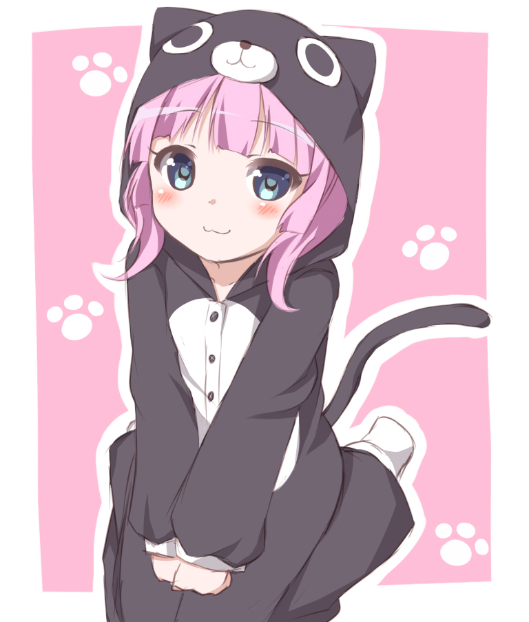 1girl, :3, animal_costume, blue_eyes, buttons, cat_costume, kou89, looking_at_viewer, pink_background, pink_hair, sitting, solo, v_arms, yoshikawa_chinatsu, yuru_yuri