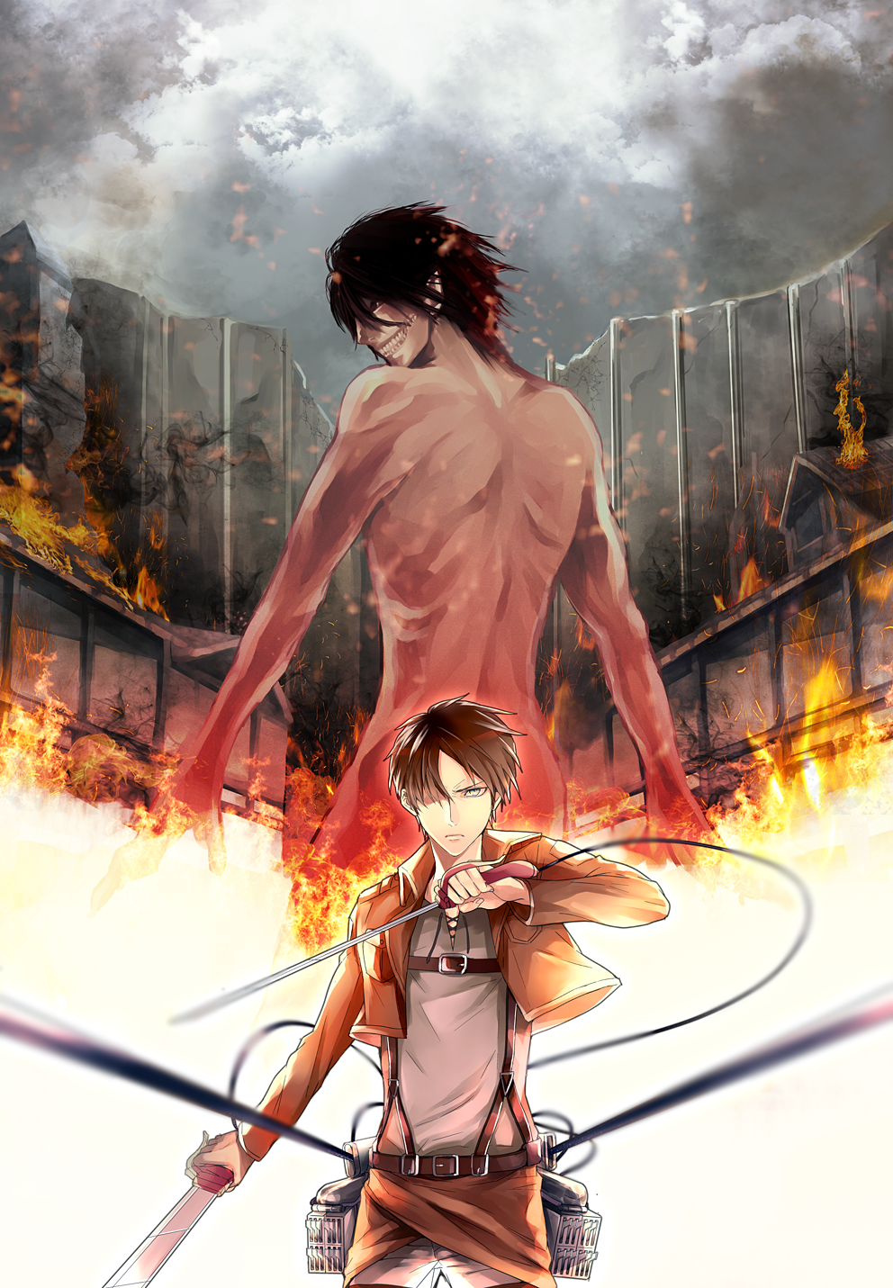 1boy, black_hair, boots, clouds, dual_wielding, fire, highres, jacket, monster, rouge_titan, shingeki_no_kyojin, short_hair, spoilers, sword, teeth, thigh_strap, three-dimensional_maneuver_gear, walls, weapon, wire