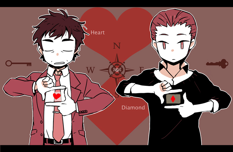 2boys, android, closed_eyes, compass_rose, diamond, elijah_baley, heart, key