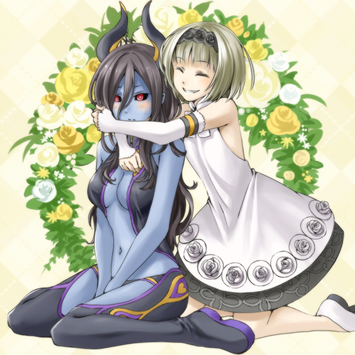2girls, bare_shoulders, black_hair, blue_skin, breasts, cleavage, cyda_afrarn, detached_sleeves
