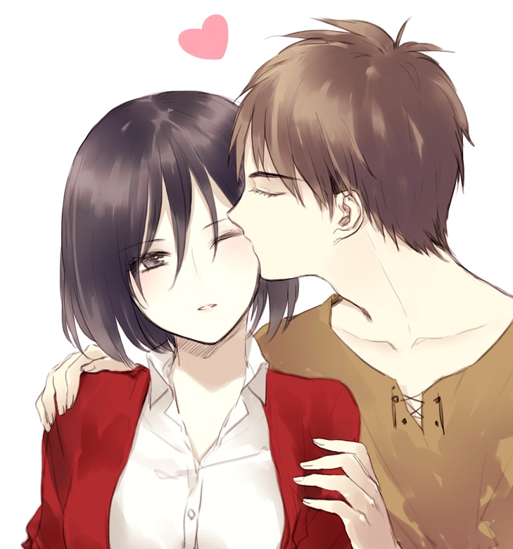 1boy, 1girl, black_hair, brown_hair, closed_eyes, eren_jaeger, eye_kiss, hand_on_shoulder, jacket, kiss, mikasa_ackerman, shingeki_no_kyojin, short_hair, simple_background, white_background, yasai_(getsu)