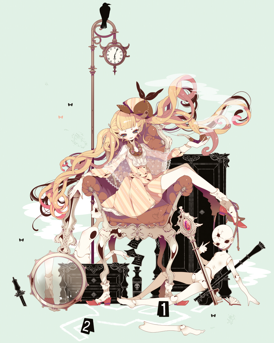 1girl, aqua_background, armchair, bird, blonde_hair, blue_eyes, boots, bottle, bow, brooch, cabinet, capelet, chair, chalk_outline, clock, crow, curly_hair, deerstalker, detective, doll, drawer, dress, evidence_markers, hat, jewelry, key, knife, long_hair, looking_at_viewer, magnifying_glass, mannequin, original, pipe, poison, shikimi_(yurakuru), simple_background, sitting, smoke, solo, striped, twintails