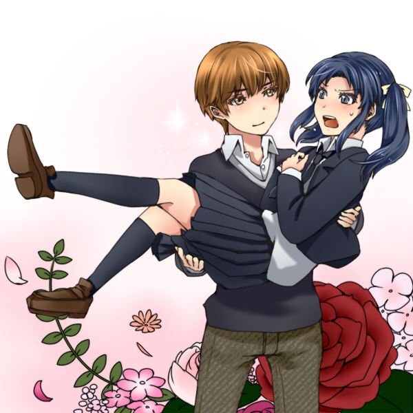 2girls, black_eyes, black_hair, black_legwear, blue_eyes, blue_hair, bow, brown_eyes