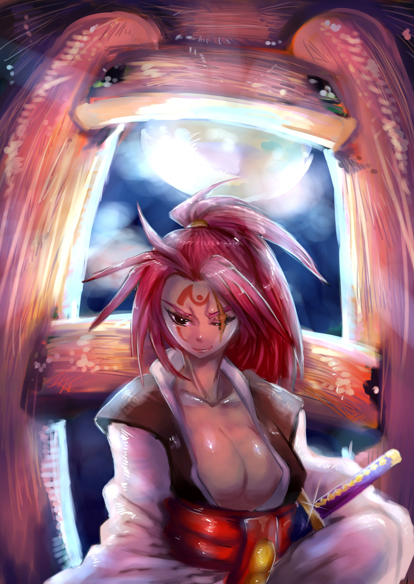 1girl, absurdres, amputee, baiken, breasts, cleavage, facial_tattoo, full_moon