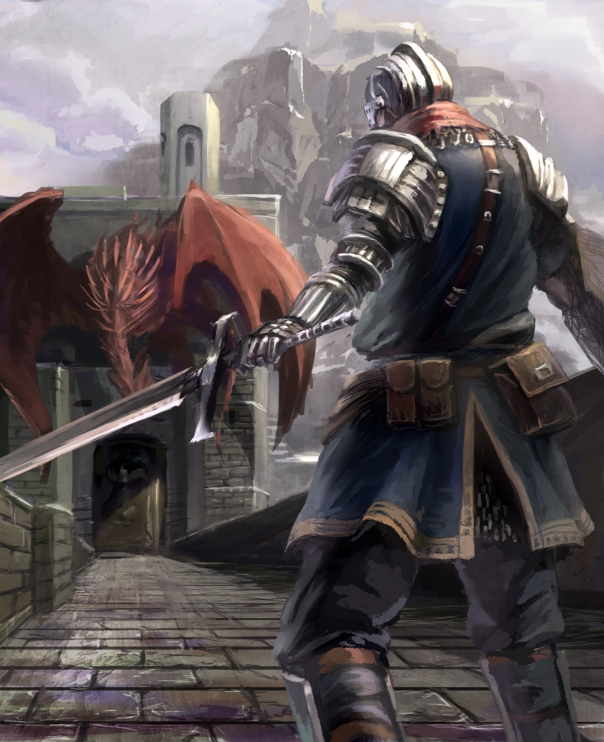 armor, back, bridge, dark_souls, dragon, full_armor, gauntlets, hellkite_dragon, helmet, knight, sword, weapon