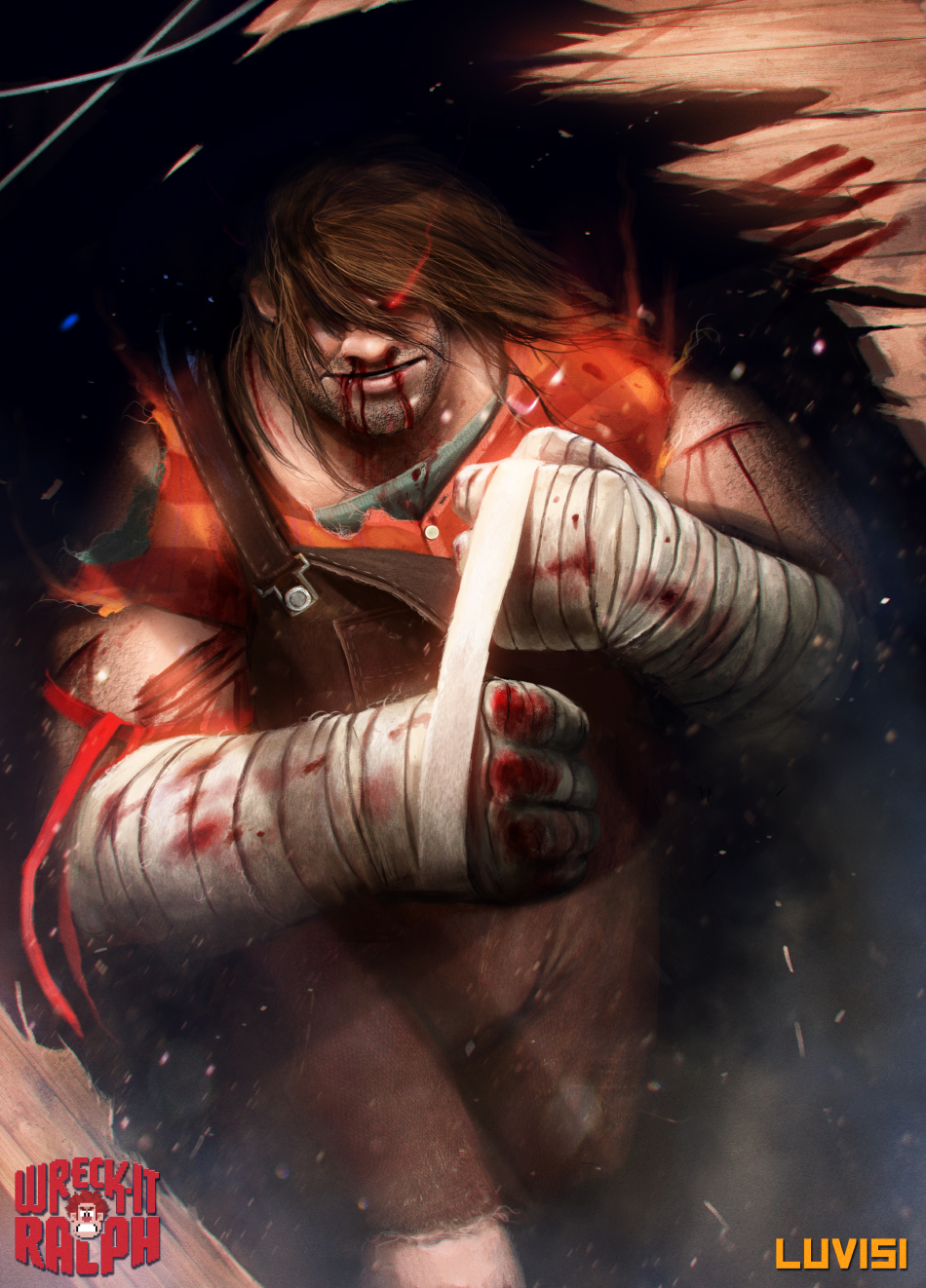 1boy, bandages, blood, brown_hair, cuts, dan_luvisi, facial_hair, glowing