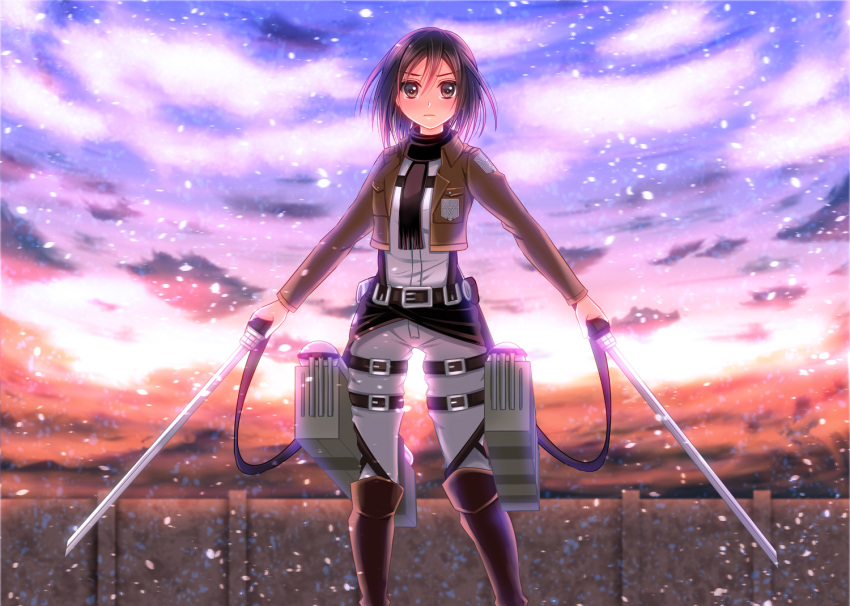 1girl, belt, boots, brown_eyes, brown_hair, buckle, clouds, jacket