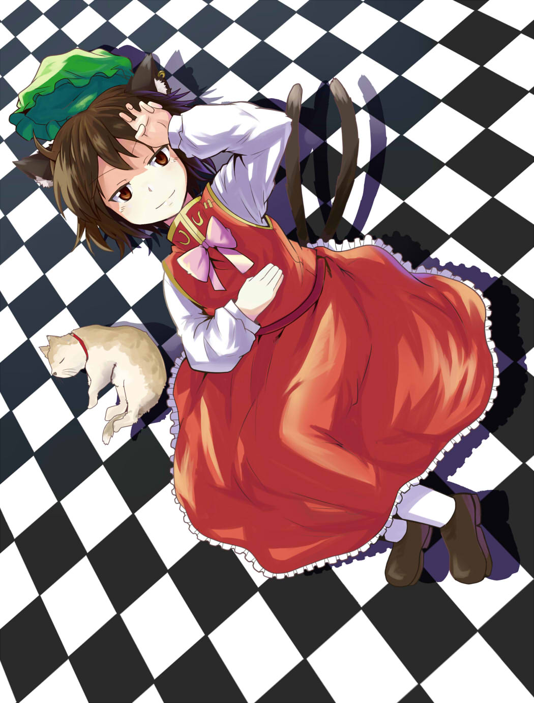 1girl, animal_ears, brown_eyes, brown_hair, cat, cat_ears, cat_tail, checkered, checkered_floor, chen, dress, hamakenn, hat, hat_removed, headwear_removed, highres, looking_at_viewer, multiple_tails, short_hair, smile, solo, tail, touhou