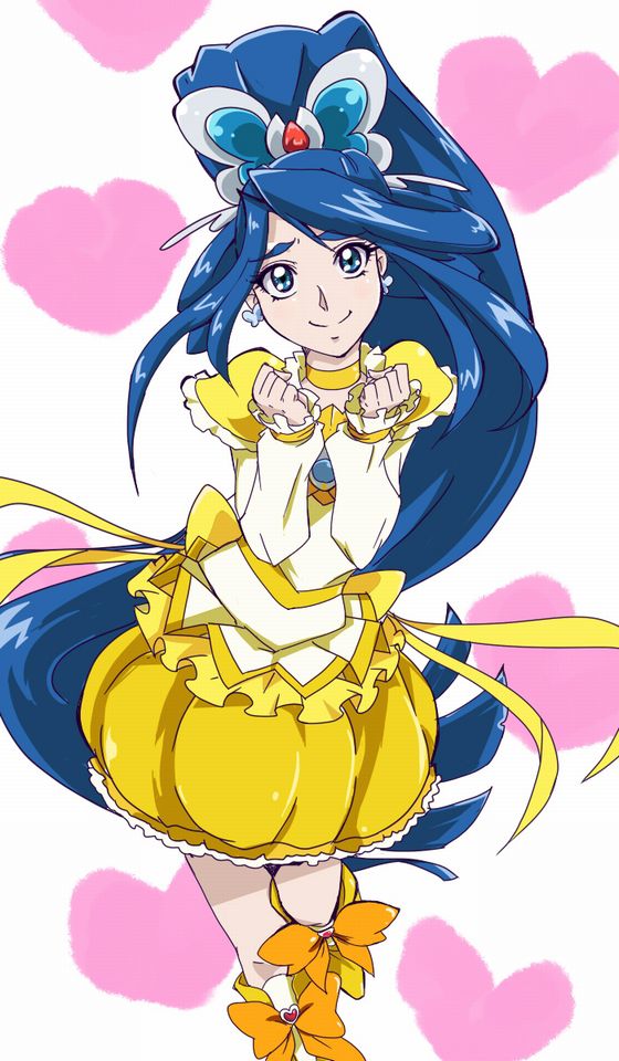 1girl, blue_eyes, blue_hair, boots, bow, brooch, bubble_skirt, butterfly, butterfly_hair_ornament, choker, circlet, cure_aqua, cure_muse_(yellow), cure_muse_(yellow)_(cosplay), dress, earrings, frills, hair_ornament, happy, jewelry, long_hair, looking_at_viewer, magical_girl, minazuki_karen, ponytail, precure, ribbon, shirabe_ako, smile, solo, suite_precure, taroimo_(takesan), very_long_hair, yellow_dress, yes!_precure_5