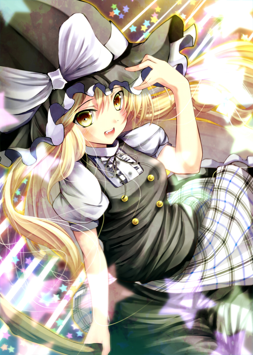 1girl, apron, black_dress, blonde_hair, bow, dress, hand_on_hat, haruno_nanakusa