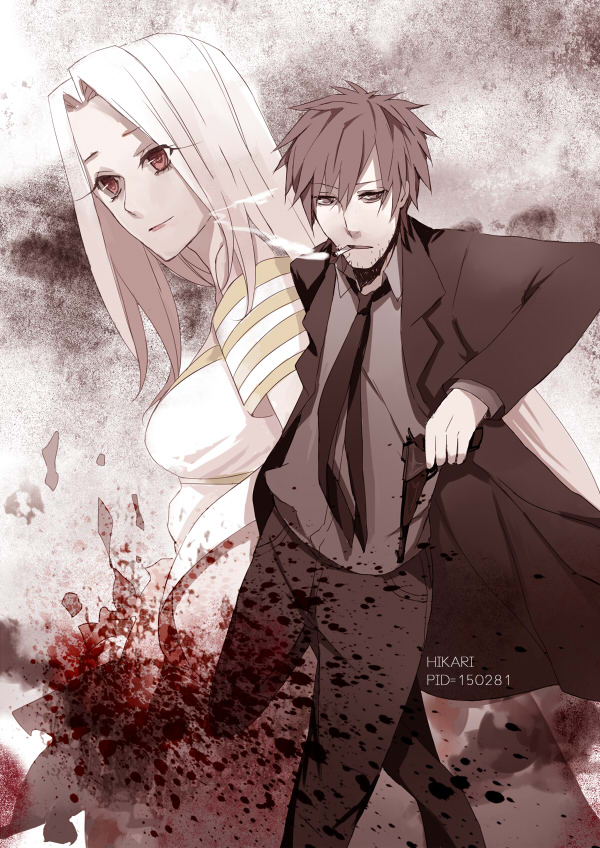 1boy, 1girl, black_eyes, black_hair, blood, blood_splatter, cullets, dress