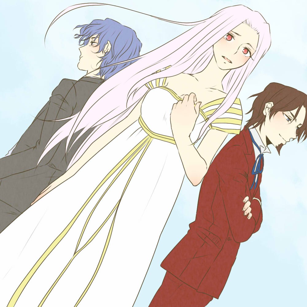 1girl, 2boys, blue_hair, blush, brown_hair, crossed_arms, dress, dutch_angle, facial_hair, fate/zero, fate_(series), formal, goatee, irisviel_von_einzbern, long_hair, matou_byakuya, multiple_boys, red_eyes, ronpaxronpa, suit, toosaka_tokiomi, white_hair
