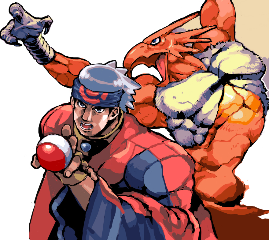 2boys, bandana, blaziken, crossover, hat, jojo_no_kimyou_na_bouken, magician's_red, mohammed_avdol