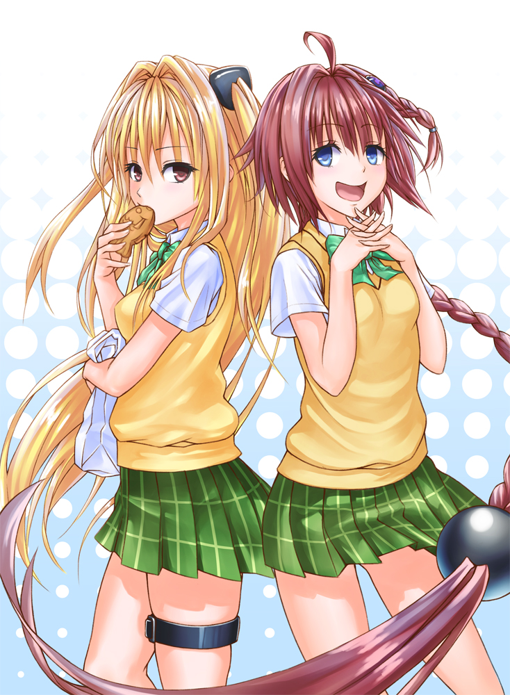 2girls, ahoge, blonde_hair, blue_eyes, braid, dress_shirt, eating, food