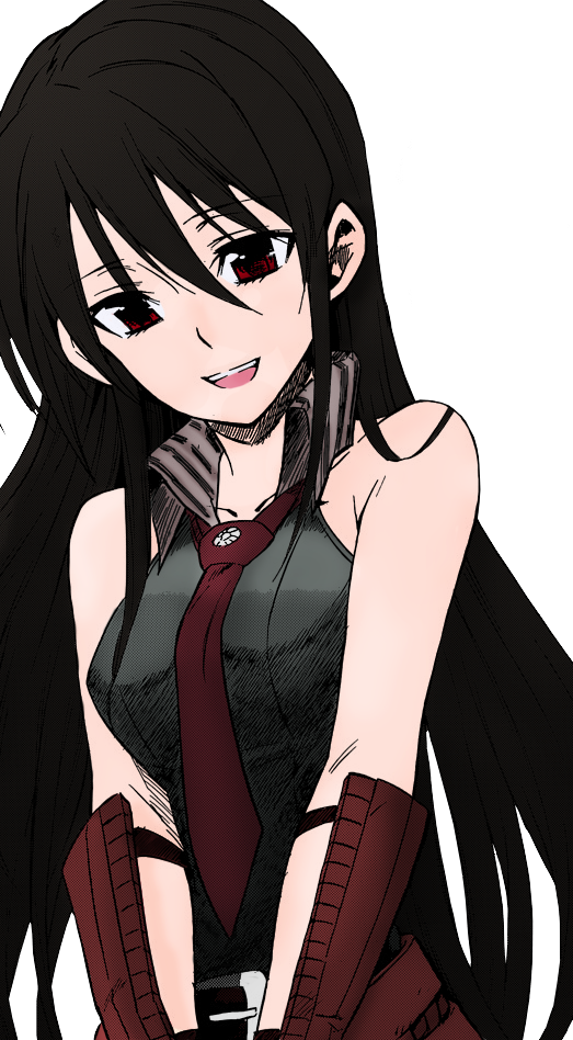 1girl, akame, akame_ga_kill!, bare_shoulders, belt_buckle, black_hair, cute, long_hair