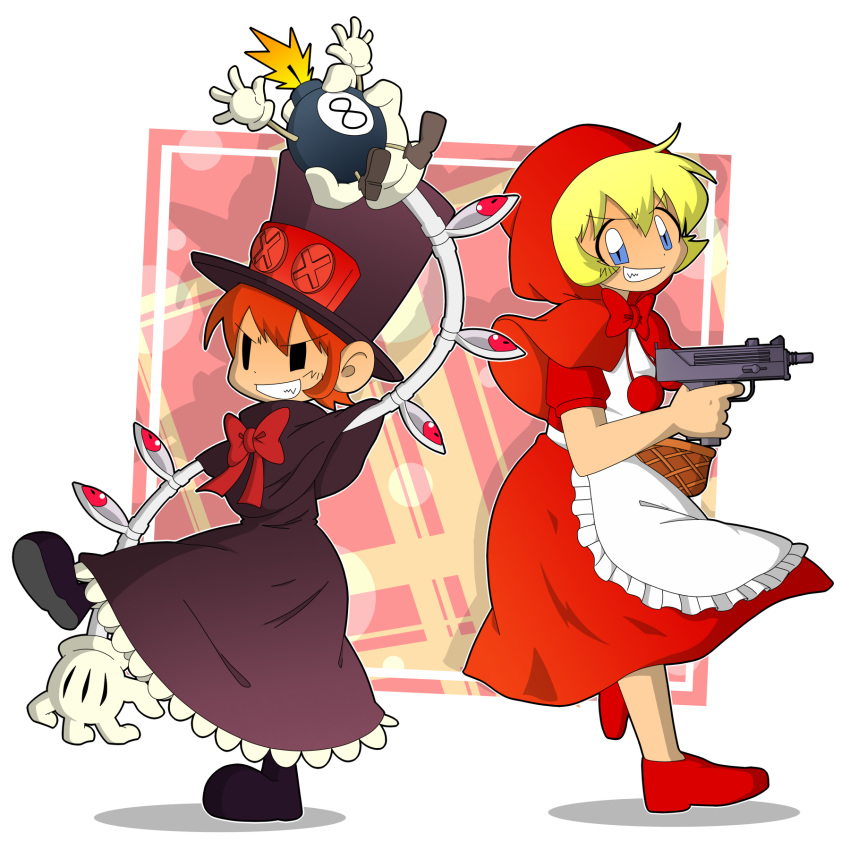 2girls, apron, basket, black_eyes, blonde_hair, blue_eyes, bomb, bulleta