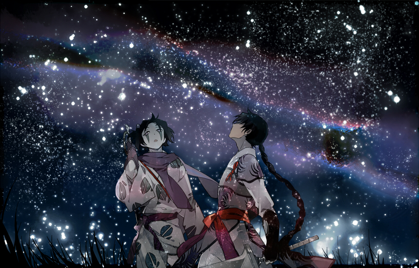 2boys, bankotsu_(inuyasha), black_hair, braid, facial_mark, inuyasha, jakotsu_(inuyasha), japanese_clothes