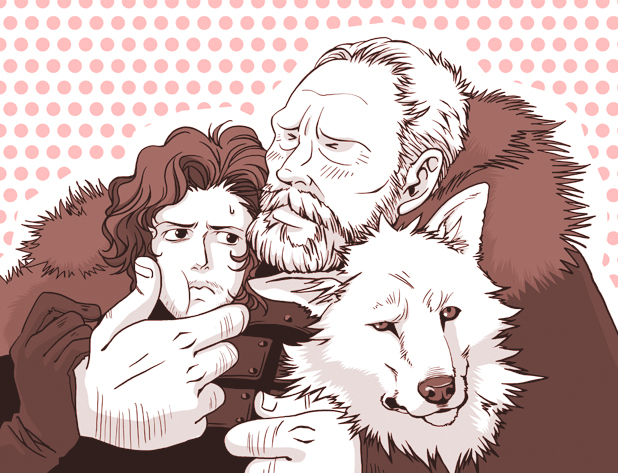 2boys, a_song_of_ice_and_fire, beard, coat, facial_hair, fur_trim, ghost_(a_song_of_ice_and_fire), hug, jeor_mormont, jon_snow, monochrome, multiple_boys, red, wolf, yd_switch