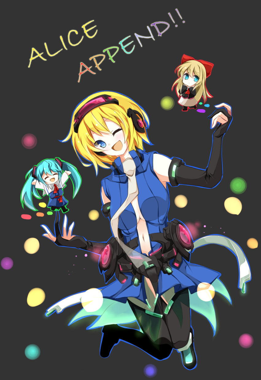 3girls, alice_margatroid, alice_margatroid_(cosplay), blonde_hair, blue_eyes, blush, breasts, bridal_gauntlets