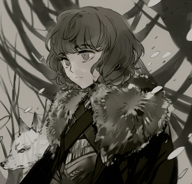 1boy, a_song_of_ice_and_fire, bran_stark, brown_eyes, brown_hair, cape, fur_trim, muted_color