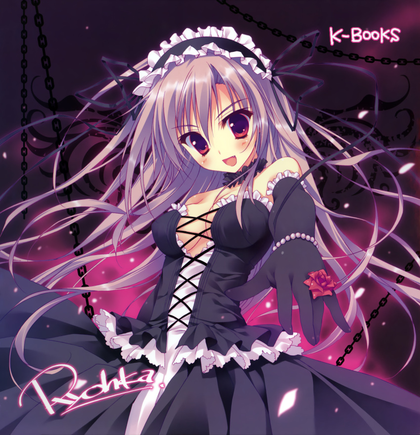 1girl, :d, absurdres, breasts, chain, cleavage, elbow_gloves, gloves