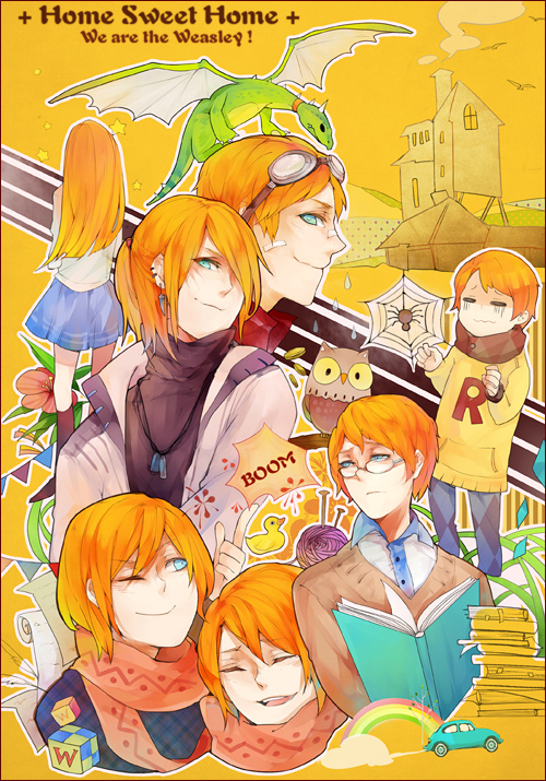 1girl, 6+boys, bandages, bill_weasley, bird, blue_eyes, book, car
