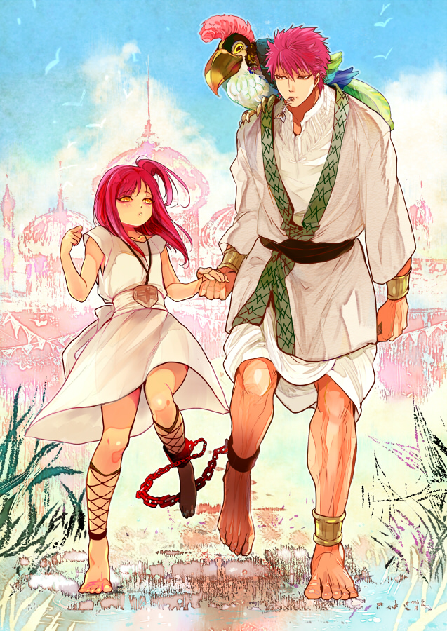 1boy, 1girl, ankle_lace-up, anklet, barefoot, bird, bird_on_shoulder, blush