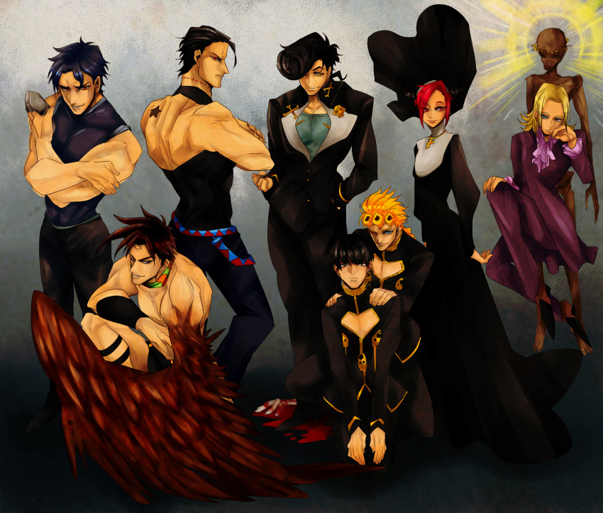 1girl, 6+boys, birthmark, black_hair, blonde_hair, blood, blue_eyes, blue_hair