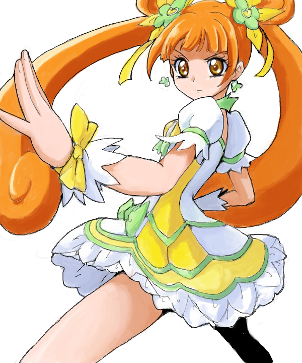 1girl, brown_eyes, brown_hair, choker, cure_rosetta, dokidoki!_precure, double_bun, earrings, flower, hair_flower, hair_ornament, jewelry, long_hair, magical_girl, precure, ribbon, rose, skirt, solo, twintails, uraki, wrist_cuffs, yotsuba_alice