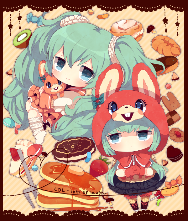 2girls, aqua_eyes, bird, bunny_hood, chibi, copyright_name, detached_sleeves, food