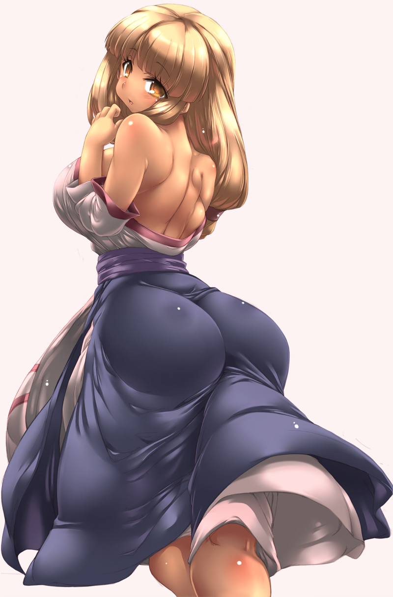 1girl, arc_the_lad, ass, bare_back, bare_shoulders, blonde_hair, breasts, brown_eyes