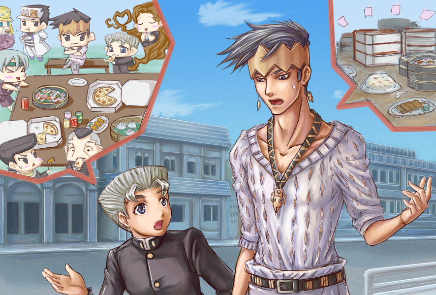 2boys, black_eyes, black_hair, blonde_hair, chibi_inset, earrings, eating, food