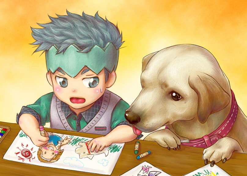 1boy, arnold_(jojo), black_hair, child, child_drawing, crayon, dog, drawing