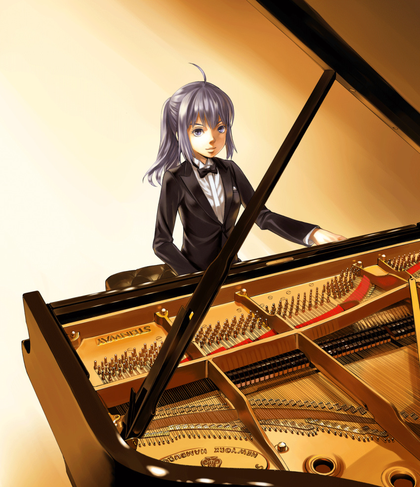 1girl, alternate_costume, formal, gloves, grand_piano, grey_eyes, highres, instrument