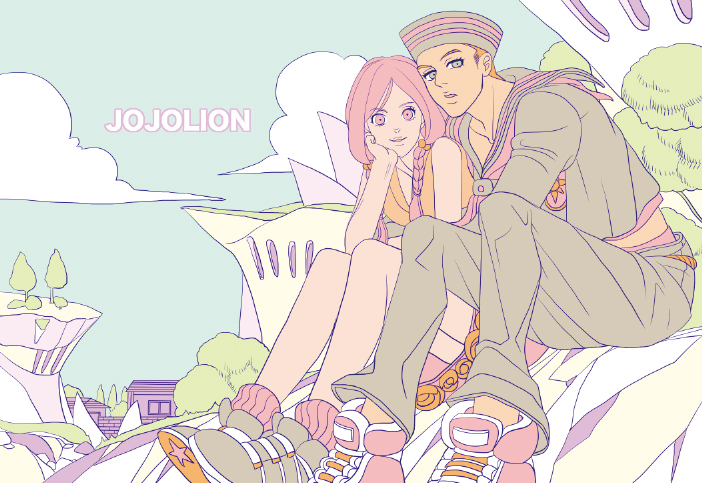 1boy, 1girl, dixie_cup_hat, flat_color, grey_eyes, hair_bobbles, hair_ornament, hat, higashikata_jousuke_(jojolion), hirose_yasuho, jojo_no_kimyou_na_bouken, jojolion, mnr_1x4, orange_hair, pink_eyes, pink_hair, shoes, sneakers