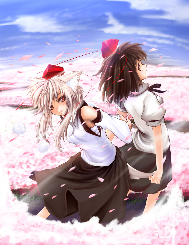 2girls, animal_ears, arms_behind_back, back-to-back, blue_hair, brown_hair, clouds, detached_sleeves