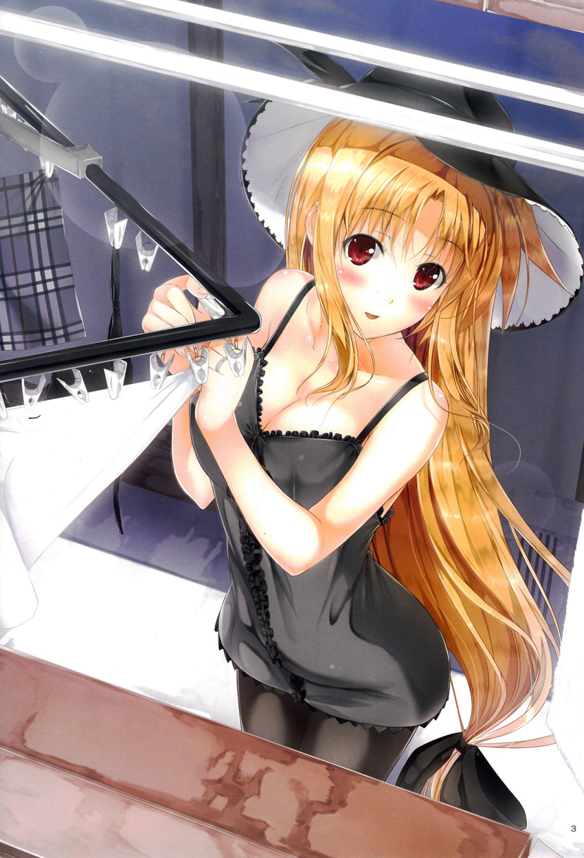 1girl, black_legwear, blonde_hair, blush, breasts, cleavage, fate_testarossa, female