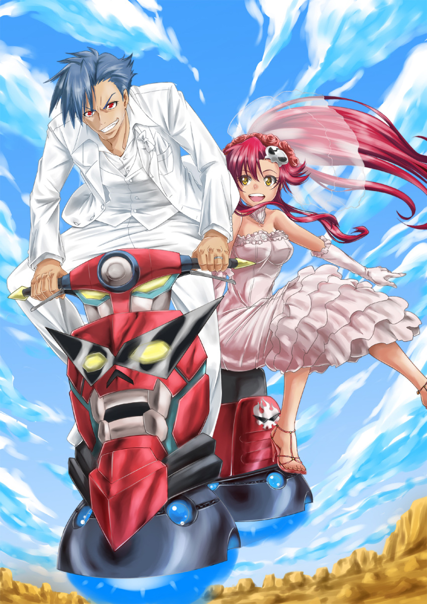 blue_hair, blue_sky, couple, dress, frills, gloves, grin, gurren, hair_ornament, highres, jewelry, kamina, lagann, motor_vehicle, ponytail, red_eyes, redhead, ring, sabakan5555, scooter, skull_hair_ornament, sky, smile, tengen_toppa_gurren_lagann, tuxedo, vehicle, veil, vespa, wedding_dress, wedding_ring, yellow_eyes, yoko_littner