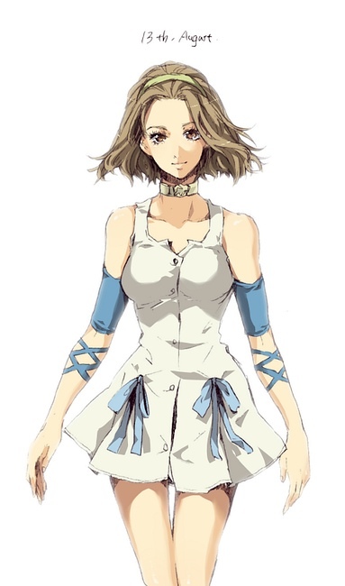 1girl, armband, backlighting, brown_eyes, brown_hair, choker, dated, dress, earrings, hairband, jewelry, jojo_no_kimyou_na_bouken, mellowd, short_hair, simple_background, sugimoto_reimi, white_background