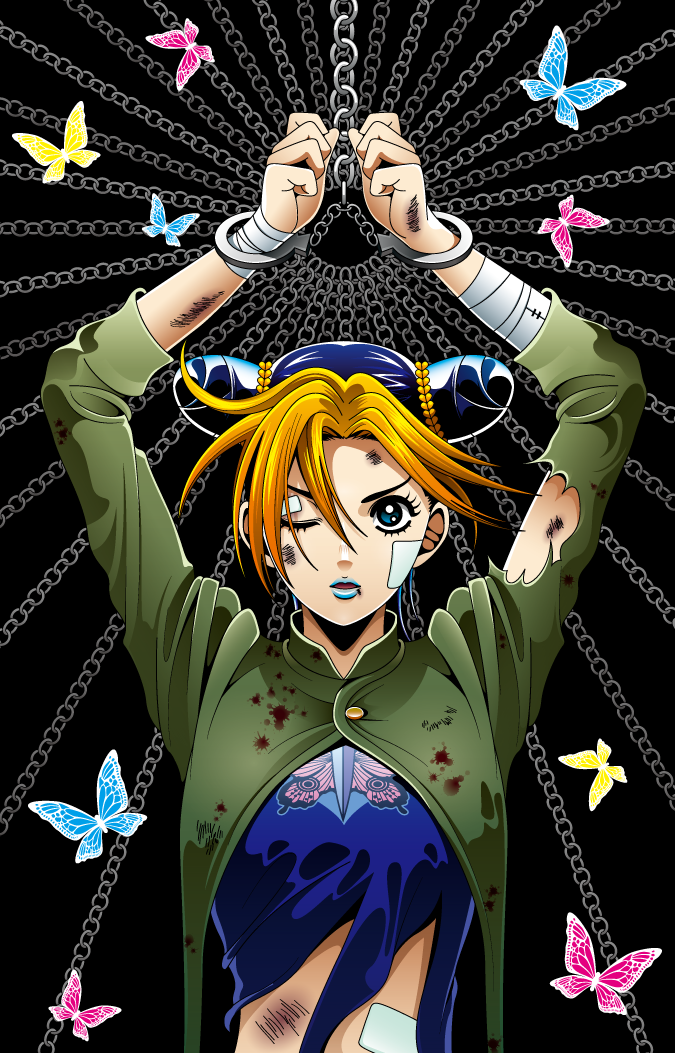 1girl, bandage_on_face, black_hair, blonde_hair, blue_eyes, braid, butterfly, cuffs