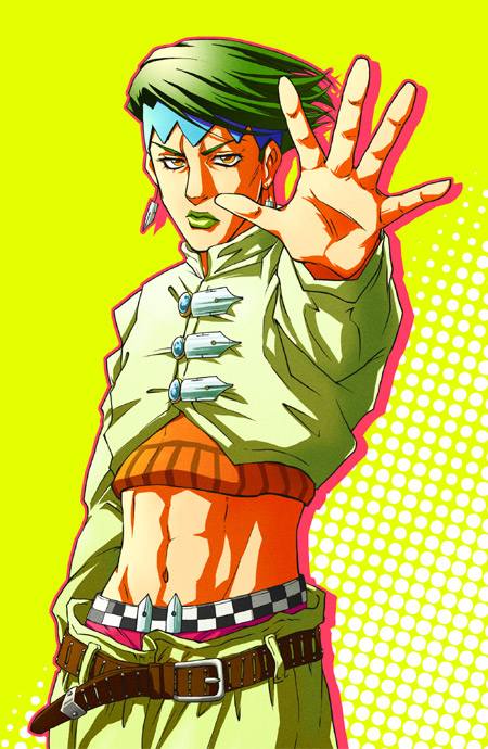 1boy, belt, black_hair, brown_eyes, earrings, green_hair, headband, jewelry