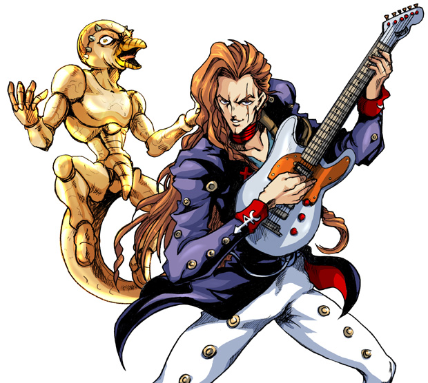 2boys, brown_hair, guitar, instrument, jojo_no_kimyou_na_bouken, long_hair, multiple_boys, orange_hair