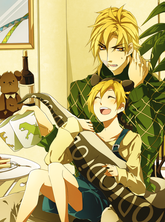 1boy, 1girl, black_hair, blonde_hair, diego_brando, double_bun, hat, hymg-gmyh