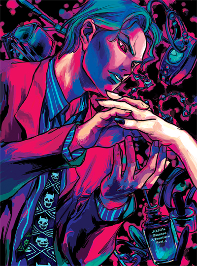 1boy, formal, hands, jojo_no_kimyou_na_bouken, kira_yoshikage, nail_polish, nail_polish_bottle, necktie