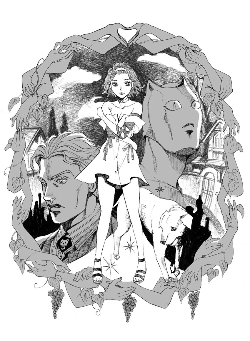 1girl, 2boys, arnold_(jojo), bud_(korovsme), dog, dress, graphite_(medium), hairband, jojo_no_kimyou_na_bouken, killer_queen, kira_yoshikage, millipen_(medium), monochrome, multiple_boys, sandals, severed_hand, severed_hands, short_hair, stand_(jojo), sugimoto_reimi, traditional_media