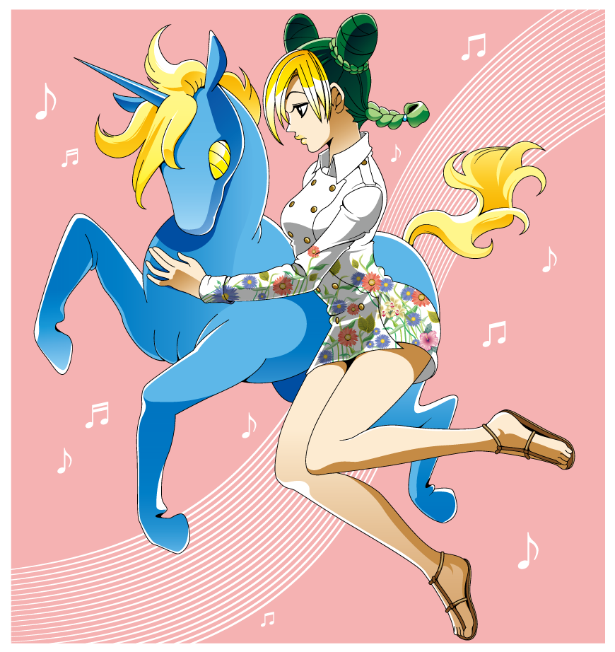 1girl, blonde_hair, braid, double_bun, dress, green_hair, jojo_no_kimyou_na_bouken, kuujou_jolyne