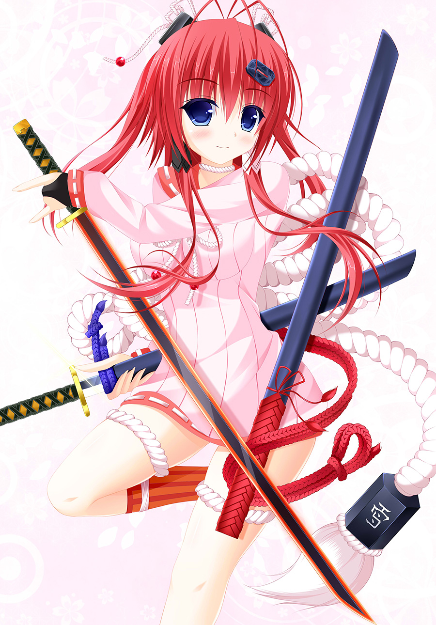 1girl, blue_eyes, dual_wielding, highres, hyakka_ryouran_samurai_girls, katana, legs, redhead