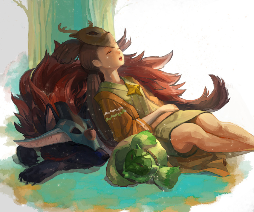 1girl, ainu_clothes, bare_legs, beads, brown_hair, closed_eyes, kai_(ookami), lika