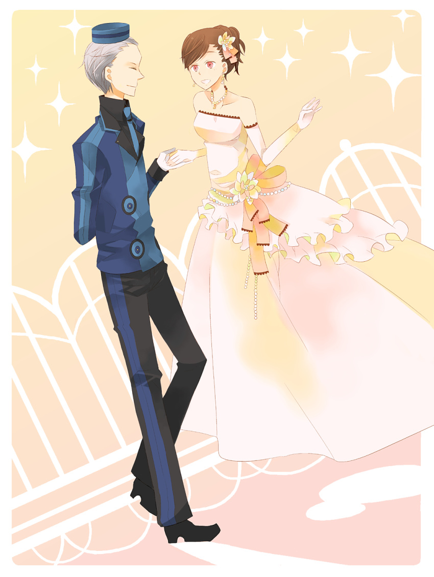 1girl, bad_id, bride, brown_hair, closed_eyes, couple, dress, earrings